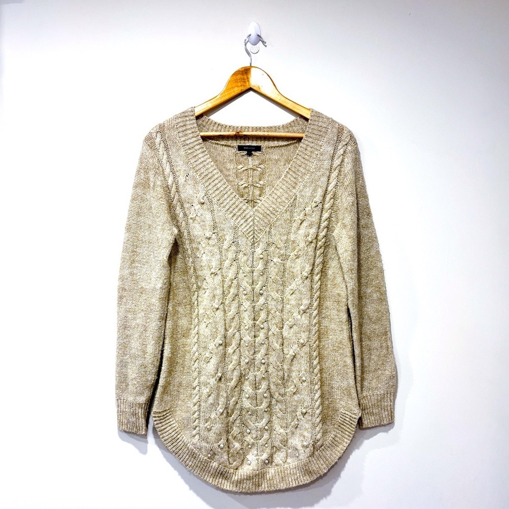 RW&CO.‎ Beige Cable Knit Pearl Embellished V Neck Tunic Sweater Medium